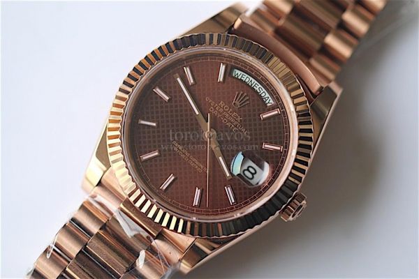 Rolex Day-Date Oyster Fluted RG Stick Markers Lattice Brown Dial Bracelet BP SW