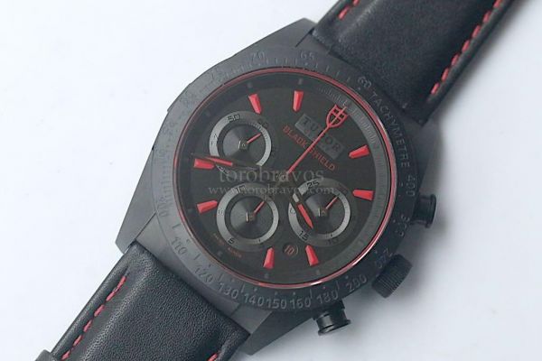 Tudor Black Shield FastRider Real Ceramic Black Dial Red Marks Leather ZF A7753