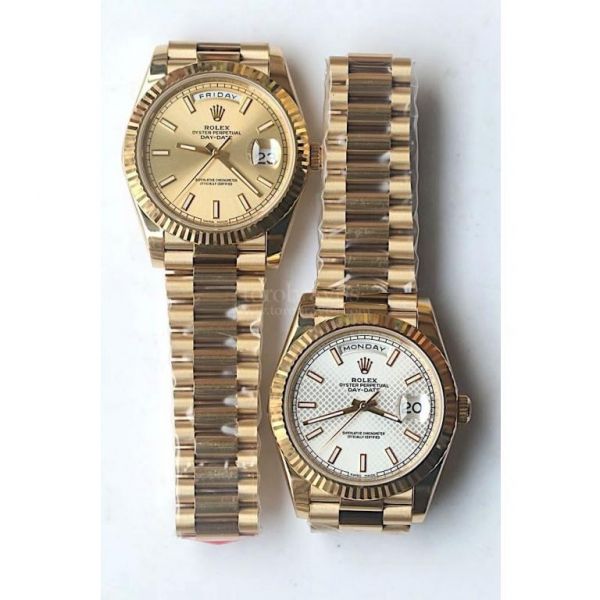 Rolex Day-Date Oyster Fluted YG Sticker Markers Gold & Lattice Silver Dial Bracelet Noob A3255