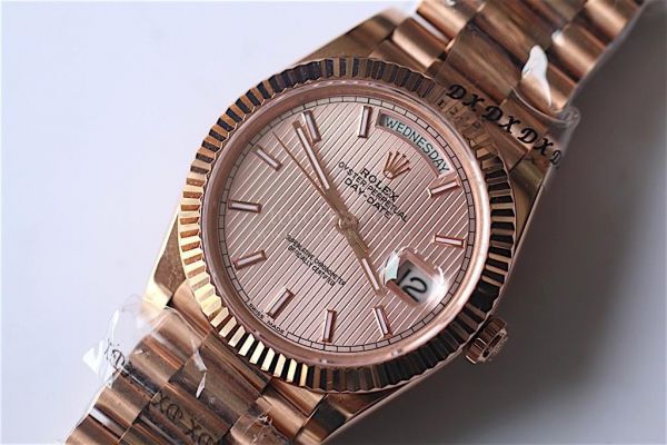 Rolex Day-Date Oyster Fluted RG Stick Markers Texture Pink Dial Bracelet BP SW